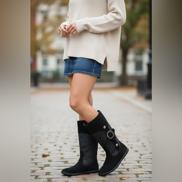 Coach Meyer Signature Logo Black Suede Buckle Detail Flat Winter Snow Boots 7.5 - Picture 1 of 16